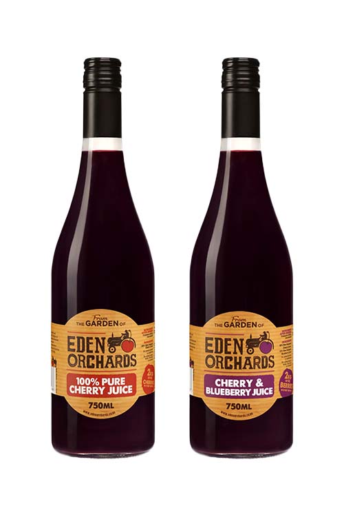 A Bottle of Eden Orchard's Pure Cherry Juice and A Bottle of Eden Orchard's Cherry & Blueberry Juice - 750ml each