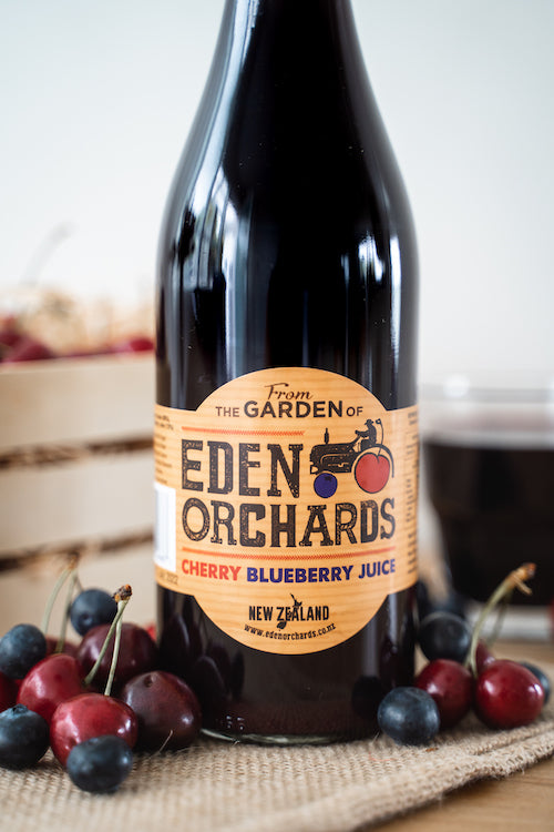 A Bottle of Eden Orchard's Cherry & Blueberry Juice - 750ml each (Close Up)